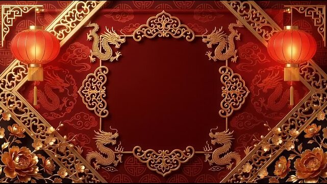 A happy Chinese New Year background, featuring golden dragons, glowing red lanterns, intricate patterns, heralding prosperity for the upcoming new season