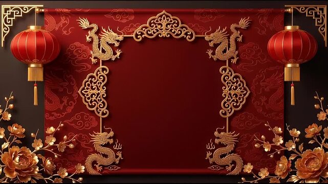 Happy Chinese New Year backdrop. Vibrant red and gold. Features lanterns, dragons, and plum blossoms. Symbolizes prosperity for new year