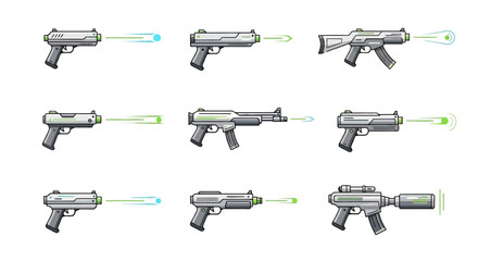 Futuristic Sci-Fi Laser Pistols and Blasters with Energy Beams - Vector Illustrations