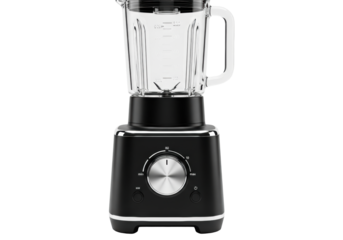 high-end matte black electric countertop blender with borosilicate glass pitcher and chrome dial on white background, highlighting industrial design. concept for premium home appliance advertising