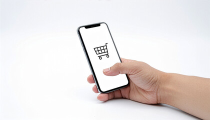 Human hand holding modern smartphone displaying shopping cart icon on blank screen. Concept of mobile commerce, online shopping, fintech payment, digital transaction, and e-commerce app interface.