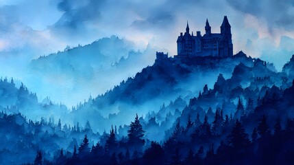 Mysterious Castle Perched on Misty Mountain Peak at Dusk.