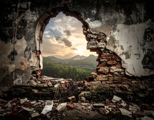 View through a damaged structure revealing a mountain range and sunset