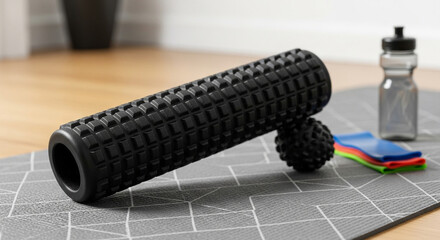 Black Foam Roller with Textured Surface on Gray Grid Mat with Fitness Accessories in Soft Natural Lighting for Wellness
