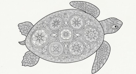 Fototapeta premium Detailed ornamental sea turtle illustration presented as a black and white coloring page design