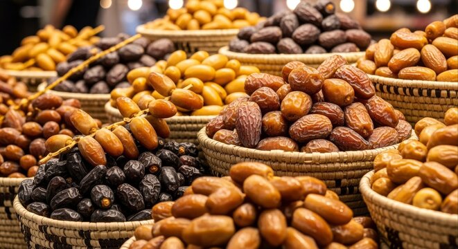 Assortment of fresh, semi-dried, and dried dates displayed in traditional woven baskets at a market stall, showcasing varieties like Medjool, Ajwa, and Rutab.