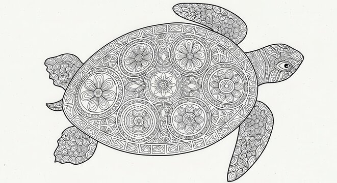 Detailed ornamental sea turtle illustration presented as a black and white coloring page design