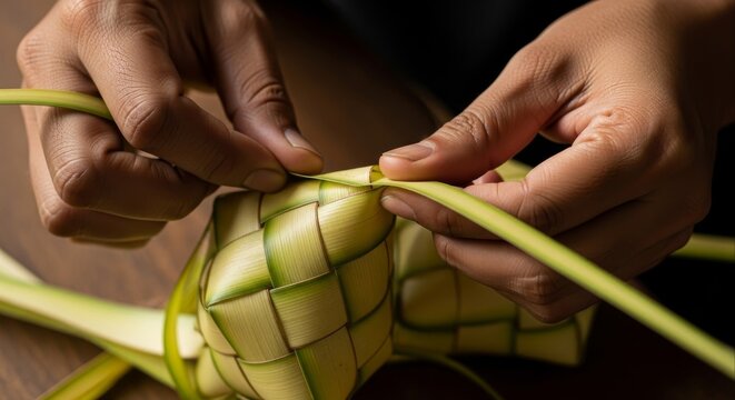 Close-up of hands weaving a Ketupat casing (traditional Indonesian and Malaysian rice dumpling) from fresh young coconut leaves (Janur) for the Eid al-Fitr celebration.