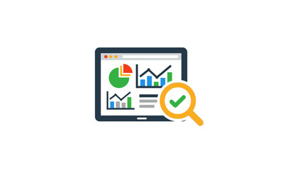 Fototapeta premium Digital Analytics Dashboard with Magnifying Glass and Checkmark Icon.
