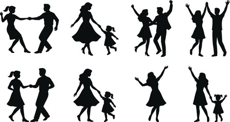 Obraz premium Happy family dancing silhouettes concept isolated on white background, joyful parents and children movement celebration lifestyle black vector illustration