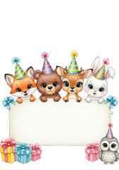 Fototapeta premium Five chibi baby animals (fox, bear, fawn, bunny, owl) in party hats, emerging over a blank watercolor copy space banner, bright white background. Concept for children's birthday invitation