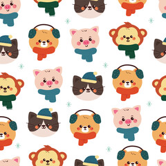 cute seamless pattern cartoon animals wearing winter element for Christmas and winter wallpaper