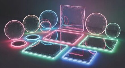 A futuristic neon-lit laptop and tablet setup with glowing colorful orbs on a dark background