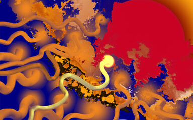 Abstract cosmic background with wavy lines and vibrant clouds.