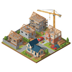 New Housing Development Construction Site with Crane and Homes.