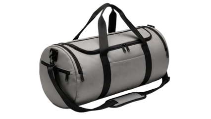 Gray Duffel Bag with Black Straps and Zippers on White Background