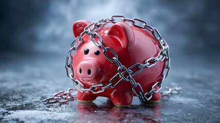 Red Piggy Bank Secured with Heavy Metal Chains on Wet Surface.