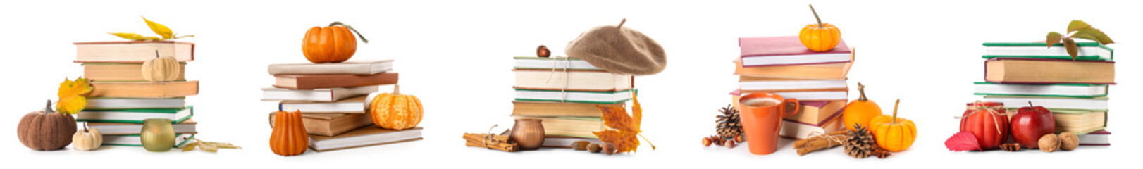 Set of many books, pumpkins and autumn decorations on white background