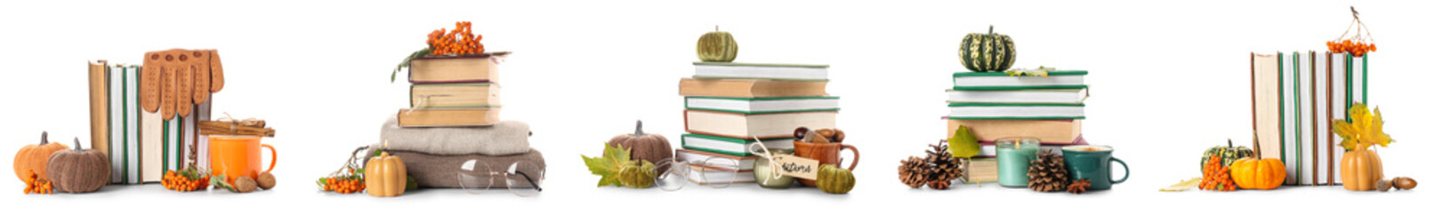 Set of many books, pumpkins and autumn decorations on white background