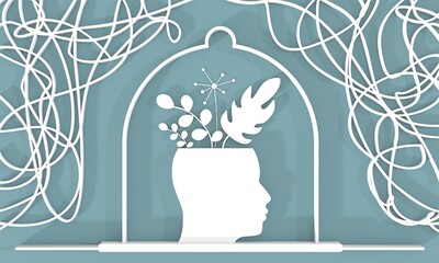 Psychotherapy concept. Metaphor of problem solving, chaos and difficult situation. Psychological help and mental health. Human head with plants as positive emotions and tangle of problems. 3D render