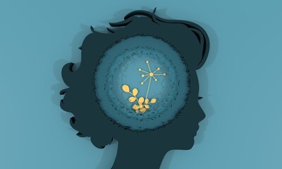 Female head with plant inside. Medicine, education and science concept. Positive thinking. Good mental health condition. Personal growth and development. Creativity and innovation. 3D render