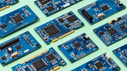 Blue circuit boards with electronic components