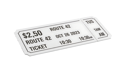 Bus Ticket Showing Route Date and Time in Black and White Design for Travel and Transportation
