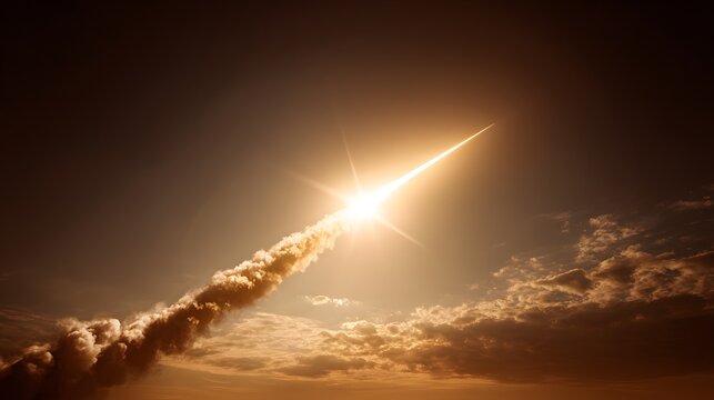 Rocket Launching into the Sky with Fiery Exhaust Trail.