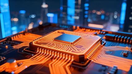 Closeup of glowing circuit board with cityscape - Powered by Adobe