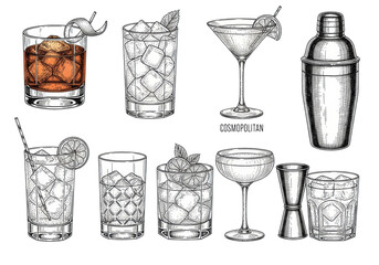 detailed collection of vintage cocktails and bar tools (shaker, rocks glass) in intricate black ink line art illustration with cross-hatching, isolated on white. concept for classic beverage