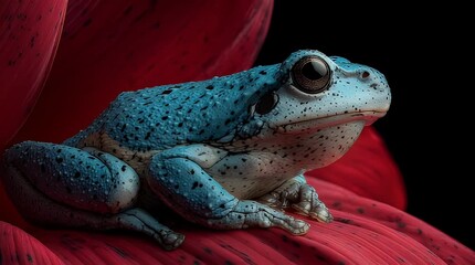 Vibrant blue frog with unique black spots perched elegantly on a striking red flower petal, showcasing nature's captivating color palette and delicate beauty