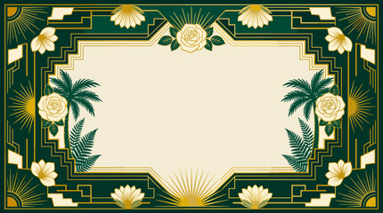 Elegant Art Deco frame with green and gold geometric patterns, featuring stylized palm trees, roses, and sunburst motifs, perfect for a luxurious invitation or banner.