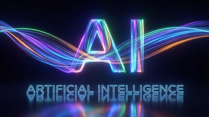 Neon AI with Light Trails on Dark Background