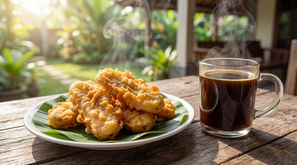 Fried Banana Fritters with Coffee in Tropical Garden