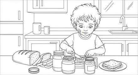 Young child prepares a spread sandwich while standing at a kitchen counter