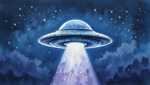 Watercolor illustration of a UFO in a starry sky. Hand-painted flying saucer on a dark blue and...