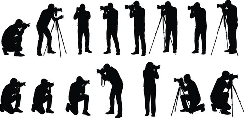 Silhouettes of photographers in various poses with cameras and tripods, black vector illustration for photography, design, and creative use.