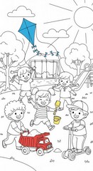 Fototapeta premium Cheerful children engaging in various outdoor recreational activities on a sunny day