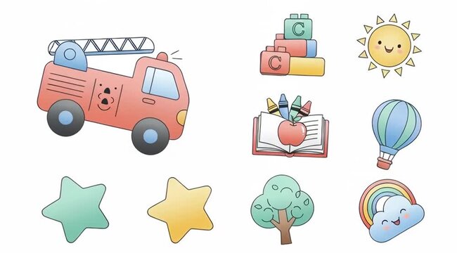 Playful Animated Icons: Fire Truck, Sun, Balloon, and More for Child-Friendly Designs or