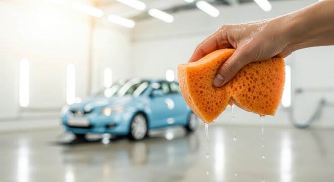 A person cleans a blue car with a sponge in a garage with shiny floor and white walls indoors.