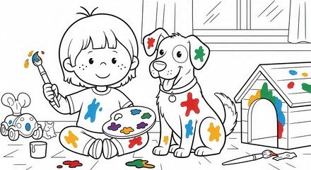Young child and happy dog covered in colorful paint splatter engage in playful art activity