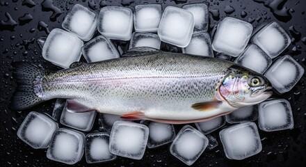 Whole raw trout fish placed on ice cubes on dark wet surface. Studio food photography. Fresh seafood and fish market concept