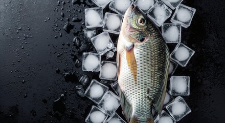 Whole raw tilapia fish placed on ice cubes on dark wet surface. Studio food photography. Fresh freshwater seafood and fish market concept for design
