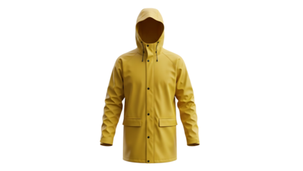 Yellow Raincoat with Hood Isolated on White Background for Outdoor and Weatherproof Clothing