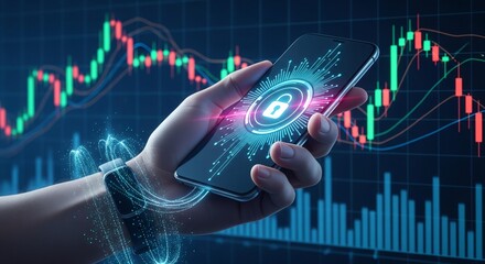 Hand holding smartphone with digital lock icon on screen and visible energy data flow from charging port against financial candlestick chart background. Fintech cybersecurity illustration