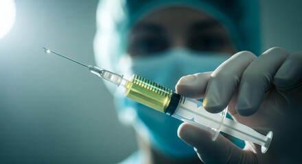 Close-up of medical professional wearing mask and gloves holding syringe filled with yellow liquid. Healthcare injection procedure and vaccination preparation concept