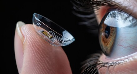 Macro close-up of human eye and finger holding transparent smart contact lens with integrated microchip and electronic circuit. Biometric vision technology and medical wearable device concept