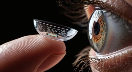 Macro close-up of human eye and finger holding transparent smart contact lens with integrated microchip and electronic circuit. Biometric vision technology and medical wearable device concept
