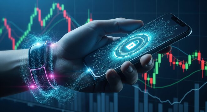Hand holding smartphone with digital lock icon on screen and visible energy data flow from charging port against financial candlestick chart background. Fintech cybersecurity illustration - Powered by Adobe