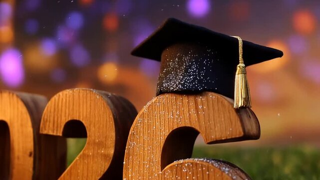 Class of 2026 Graduation wooden numbers with cap on green grass.